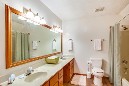 a bathroom with a sink and a toilet and a mirror at House on 20 Acres with On-Site Pond in Spring Lake! in Spring Lake