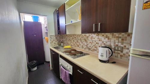 a small kitchen with a counter and a sink at Departamentos Amoblados Chileruca in Santiago