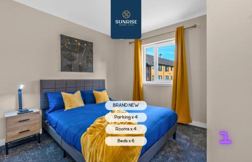 a bedroom with a blue bed with yellow curtains at L1 - INVOICE and REDUCED PRICE only via SUNRISE SHORT LETS DUNDEE, Large 4 Bedroom House with 6 Beds and 3 bathrooms, TVs in each room, Free Parking, Fully Equipped, Local Amenities, Easy Ring Road Access, Special Rates in Dundee