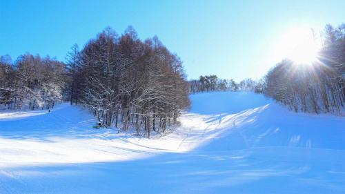 a snow covered field with trees and the sun at Tokyu Vacations Tateshina in Chino