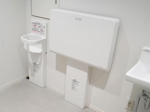 a white bathroom with a sink and a toilet at Rembrandt Cabin Shinjuku Shin-Okubo in Tokyo