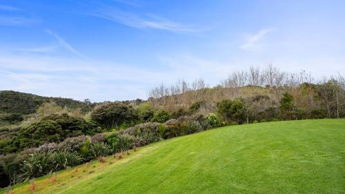 a green field with a hill in the background at Tawharanui Cabin - Rural Cabin Studio in Warkworth