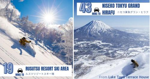 two pictures of a person skiing down a snow covered mountain at Lake Toya Terrace House in Tōya