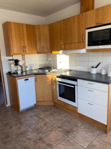 a kitchen with white appliances and wooden cabinets at Nice Home In Sandsjöfors With 1 Bedrooms, Wifi And Jacuzzi in Sandsjöfors