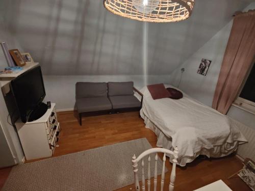 a living room with a bed and a couch at Amazing Home In Särö With 5 Bedrooms And Wifi in Särö