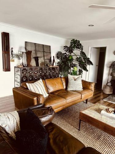 a living room with a brown leather couch at The Gums - Bruny Island in Woodbridge