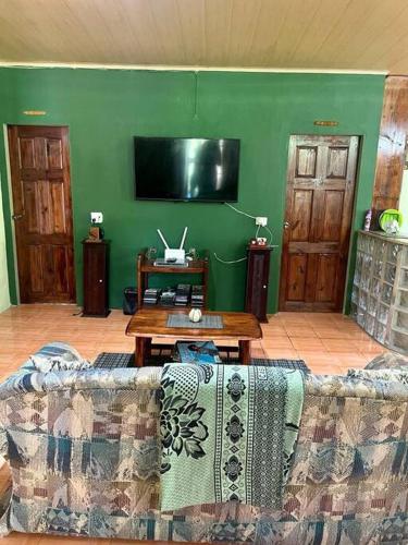 a living room with a couch and a green wall at The kiwi house BRASSO SECO VILLAGE in Brasso Seco Village