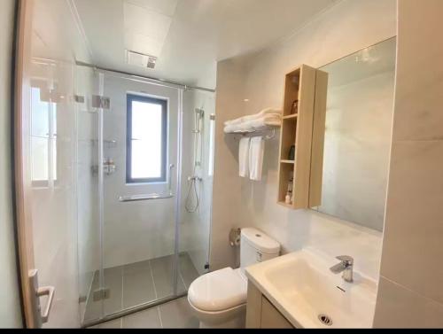 a bathroom with a shower and a toilet and a sink at 家在银滩边 in Dianbailiao