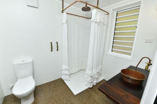 a bathroom with a toilet and a sink and a window at The Eagle's Nest in Manilla