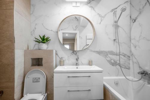 a bathroom with a sink toilet and a mirror at Majestic Skyline in Balta Albă
