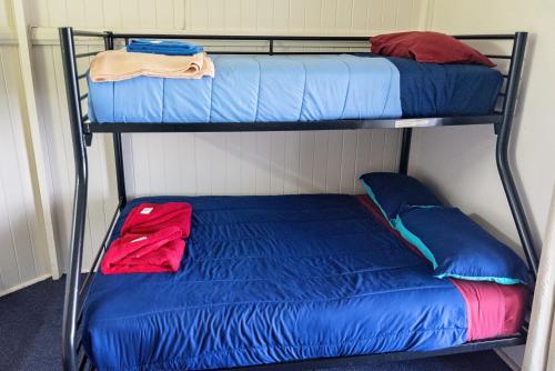 two bunk beds in a room with a blue bed at Hotel Metropole Proserpine in Proserpine