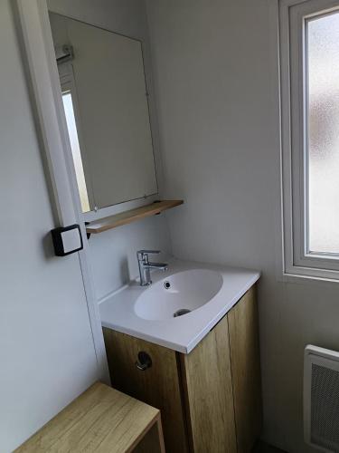 une salle de bain avec un lavabo et un miroir dans l'établissement MH 805 Camping Bois Dormant, à Saint-Jean-de-Monts