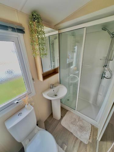 a bathroom with a shower and a toilet and a sink at Season Stays in Redcar