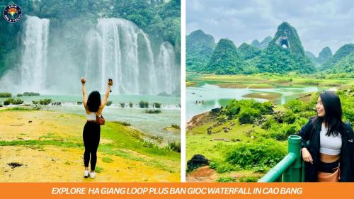 two pictures of a woman standing in front of a waterfall at LiLa Inn & Motorbike Tours Ha Giang in Ha Giang