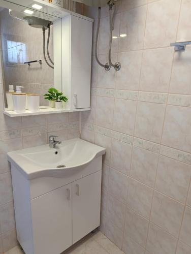 a bathroom with a white sink and a shower at Fewo Saric Vir in Vir
