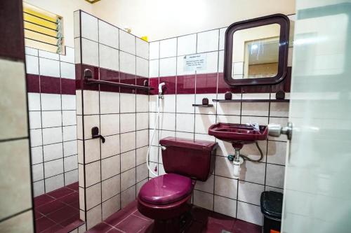 a bathroom with a purple toilet and a mirror at Gracias Inn Boracay in Boracay