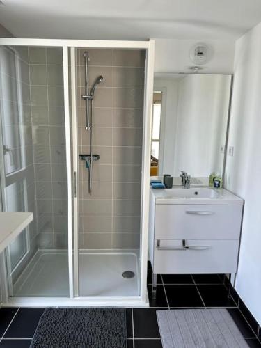 une salle de bain avec douche et lavabo dans l'établissement Appartement vue mer, plage et centre ville à pied, à Concarneau