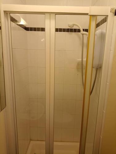 a shower with a glass door in a bathroom at Creva House in Newtown