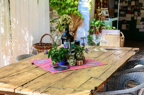 a wooden table with a bottle of wine and plants at Agriturismo & Winery Il Bacio in Tavarnelle in Val di Pesa