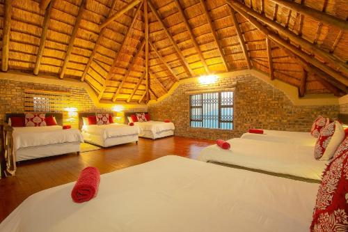 Habitación grande con 4 camas en un edificio en Wildgoose Lodge, en Marloth Park