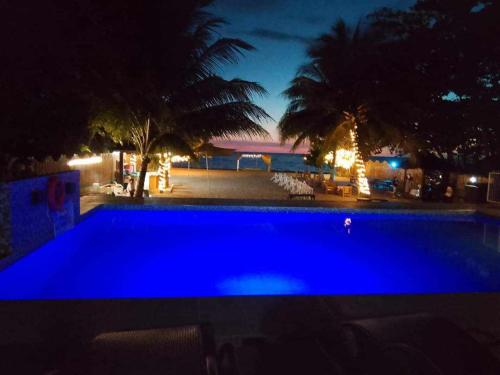 a blue swimming pool at night with palm trees at Sevens Hideaway Beach Resort in Siaton