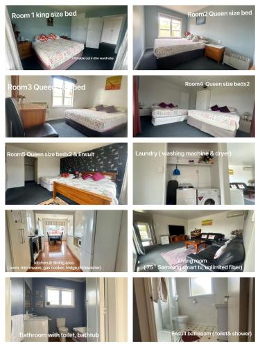 a group of four pictures of a room with a bed at Sunny House with 5 Bedrooms(near airport) in Christchurch