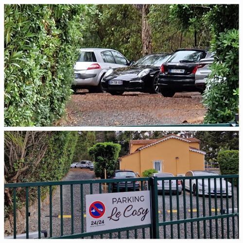 two pictures of cars parked in a parking lot at Le Cosy in Saint-Aygulf