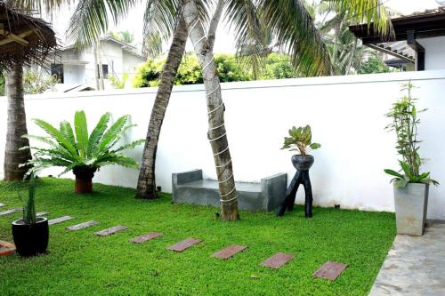 a garden with palm trees and a white wall at Surf Heavens in Dickwella