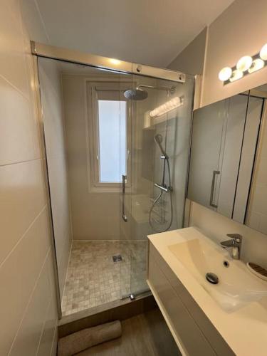 une salle de bain avec douche et lavabo dans l'établissement Appartement Arc de Triomphe 65 m2, à Paris