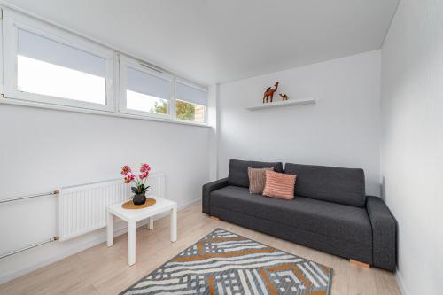 a living room with a couch and a table at Pramonės Apartment #5 by PoloApartments in Kaunas
