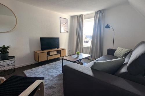 a living room with a couch and a television at Q Apartment No 1 in BS - stadtnah im Grünen wohnen in Braunschweig