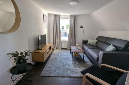 a living room with a couch and a tv at Q Apartment No 1 in BS - stadtnah im Grünen wohnen in Braunschweig