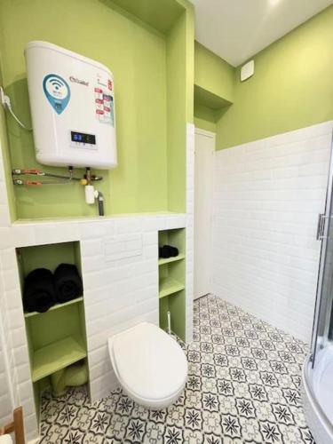 La salle de bains verte est pourvue de toilettes et d'une douche. dans l'établissement Le refuge bohème, à Reims