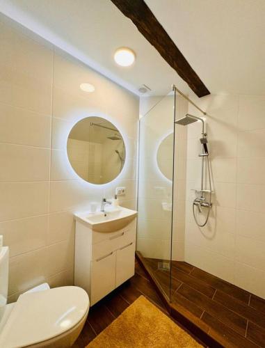 a bathroom with a toilet and a sink and a shower at Yu-home in Mukacheve