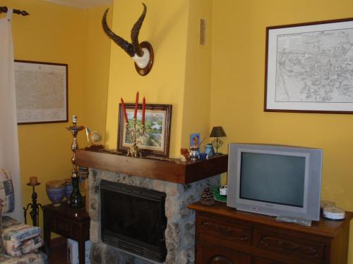 sala de estar con TV y chimenea en Casa Rural El Castillo, en Palacio