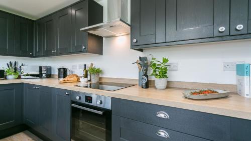 a kitchen with dark blue cabinets and a sink at Cleifiog Fawr in Valley