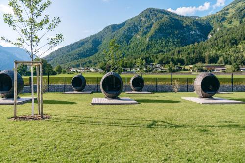 a group of spheres in a field with mountains in the background at Familienresort Buchau in Maurach