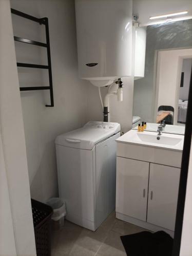 une petite salle de bain avec une machine à laver et un lavabo dans l'établissement 