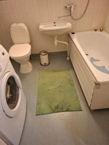 a bathroom with a toilet a sink and a washing machine at Tunnelmallinen retroyksiö in Rovaniemi