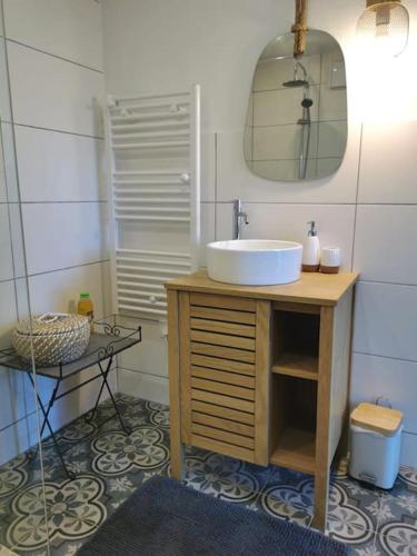 une salle de bain avec un lavabo et un miroir dans l'établissement Ty Bleiz, charmante maison en pierre, 3kms plages, Trégastel, à Saint-Samson