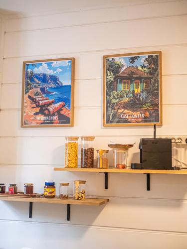 two framed posters on a wall with shelves at La villa du jardin in Saint-Denis