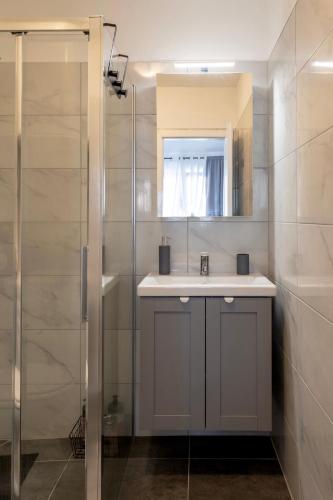 a bathroom with a sink and a shower at Studio apartman Mare in Velika Gorica