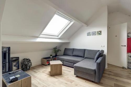 a living room with a couch and a window at Ruime boerderij met haard, pooltafel en veranda in Goilberdingen