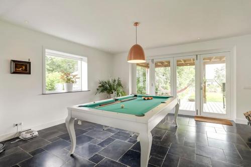 a living room with a pool table in it at Ruime boerderij met haard, pooltafel en veranda in Goilberdingen