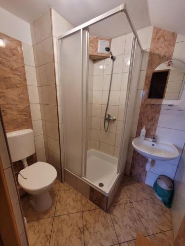 un bagno con doccia, WC e lavandino di Velo Domki i Pokoje NadZamkiem a Czorsztyn