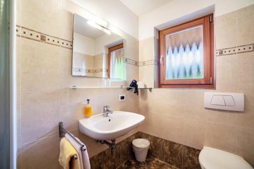 a bathroom with a sink and a mirror and a toilet at Pension Klausthaler in Meltina