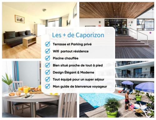 un collage de photos d'une maison avec un prospectus dans l'établissement Caporizon-l'Archipel-T1-Piscine-centre ville-Terrasse, à La Rochelle