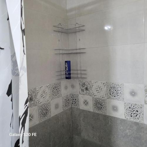 a bathroom with a shower with white tiles on the wall at Alen Apartament in Dilijan