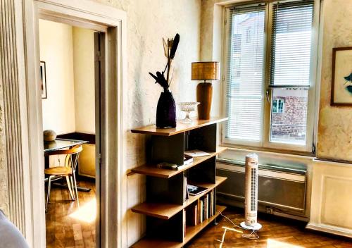 Cette chambre dispose d'une étagère avec un vase et une fenêtre. dans l'établissement Appartement lumineux Classé au cœur de Strasbourg, à Strasbourg