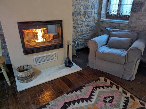 a living room with a couch and a fireplace at Argyriou Wine Tasting Guest House in Polydrossos